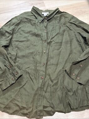Avenue 100% Linen Long Sleeve Roll Tab Button Down Shirt Olive Green plus 18/20